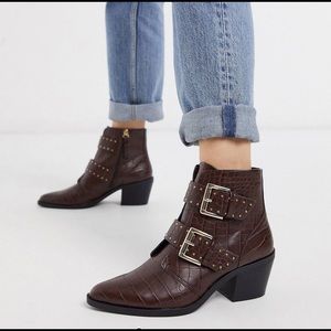 Stradivarius Mock Croc Studded Buckle Ankle Boot